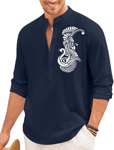 Image of FINIVO FASHION Men's Printed Cotton Blend Short Kurta with Artistic Chest Design | Stylish Full Sleeve Casual Kurta with Mandarin Collar for Daily, Travel Soft Textured