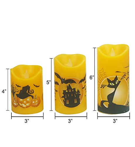 Image of CANDLE CHOICE Orange Halloween Flameless Candles with Remote and Timer Real Wax Realistic Flickering Fake Electric Battery Operated LED Pillars Halloween Theme Decals for Halloween Decorations 3 Pack