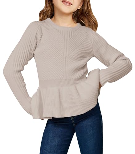 rrhss Girls Pullover Sweaters Kids Fashion Crewneck Ruffle Peplum Hem Jumper Clothes 5-14 Years