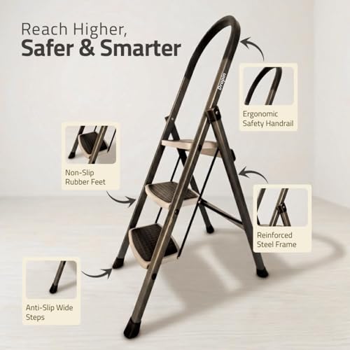 Image of Dropin Premium Steel 3 Step Foldable Ladder for Home Use with Built-in Tool Tray,Climb Easy Anti-SliWide Rubber Secure Lock 150Kg Capacity,Heavy Duty D Shape Rods - 20 x 30 cm Large Platform