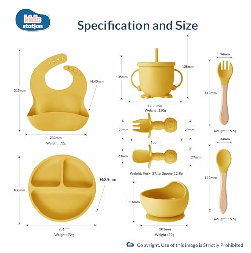 Image of Kids Station 8-Piece Silicone Baby Feeding Set | Suction Bowl, Plate, Bib, Cup, Spoon & Fork | 100% Food Grade BPA-Free Silicone | Non-Slip, Easy to Clean (Pack of 8, Yellow)