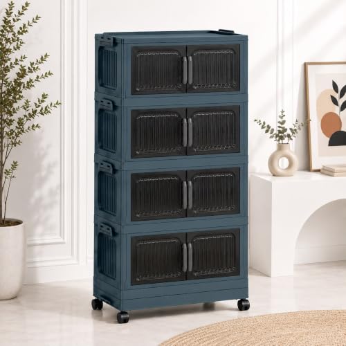 Image of TARKAN DIY Stackable Storage Cabinet with Wheels, 50x22x86 cm, 4-Tier Magnetic Door Organiser, Transparent Panels, Navy Blue