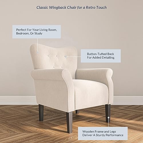 Image of BELLEZE Modern Accent Chair, High Back Armchair, Upholstered Wingback Side Chair, Padded Single Sofa with Wooden Legs for Living Room, Bedroom - Beige