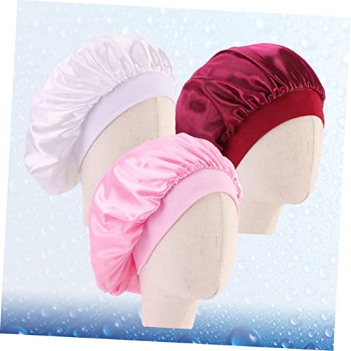 3Pcs Satin Night Sleeping Hat Comfortable Wide Brim Elastic Bonnet for Boys and Breathable Hair Protection Cap White Pink Wine Red4