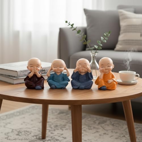Image of Set of 4 Buddha Monks Cute Miniature Statues Figurines Showpiece for Car Dashboard Wall Shelf Table Desktop | Living Room Decoration Home Office Decor (Multicolor)