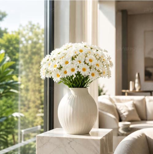 Image of Divyakosh Artificial Daisy Flowers Bunch for Home Decor, Pack of 5 with 150 White Flowers, Faux Floral Arrangement for Vase, Living Room, Wedding, Festive & Party Decoration