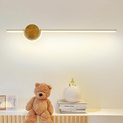 Biała liniowa lampa ścienna z drewnianą podstawą, do sypialni, salonu, łazienki i przedpokoju (77 cm)