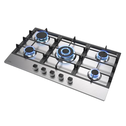 Hermitlux Piano Cottura a Gas 5 Fuochi 85cm da Incasso, per Gas Naturale/Propano, Sicurezza Tramite termocoppia, Acciaio Inossidabile