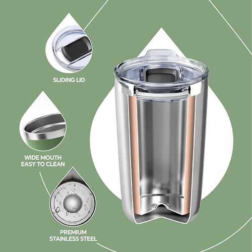 Ideus 20 oz Tumbler, Travel Coffee Mug with Splash Proof Sliding Lid, Double Wall Stainless Steel Vacuum Insulated Coffee Mug for Home and Office, Keep Beverages Hot or Cold, Avocado Green