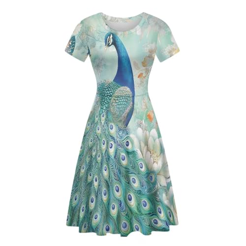 Image of HUGS IDEA Womens Puffy Swing Midi Dress Round Neck Short Sleeve Party A-Line Dresses