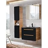 MATERIAL - Front: MDF tiefgezogen, seidenmatt, anthrazit; Korpus: E1-Qualitätsspanplatte, melaminbeschichtet; Holzdekor: Wotaneiche Nb. mit Touchwood-Oberfläche; Waschbecken: Keramik, matt schwarz; griffloses Design mit Griffmulden in den Fronten; Beschläge und Scharniere: Metall ; Schubladen: Soft-Close-Funktion; Beleuchtung: LED; Türen: Türdämpfung (Softclose)