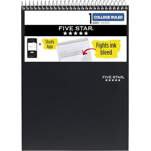 Five Star Top Spiral Notebook + Study App, 1 Subject, College Ruled Notepad, 8-1/2