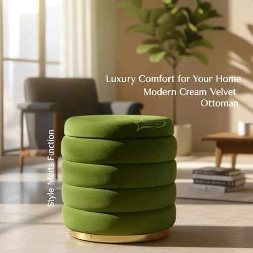 Image of Round Velvet Single-Strip Office Stool Foot Rest Stool, Linen Fabric Padded Seat Pouf Ottoman, 15 X 15 X 19 inch, Round Shape for Living Room, Office, etc. Pista Green
