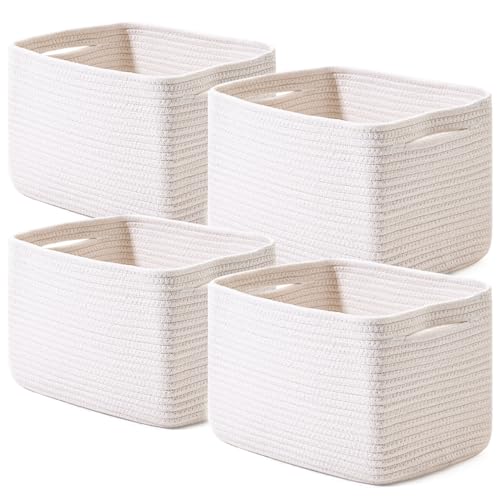Storage Baskets for Organizing, Woven Basket for Storage, Storage Baskets Bin for Shelves, Cotton Rope Basket with Handles, 12.5″Lx9.1″Wx7.9″H, (4 Packs) Off White
