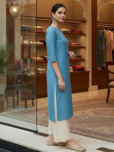 Image of Saanjh Women's Fit Straight Cotton Blend Long Kurta, 3 /4 Sleeve, Knee Length Kurtis, Casual and Office Wear