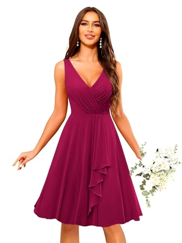 Women's Short Sleeve Bridesmaid Dresses for Wedding Ruffle Chiffon Short Wedding Guest Dresses