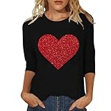 Moderna camiseta de mujer con mangas 3/4 con estampado de corazón romántico como elegante regalo de San Valentín, Negro , S