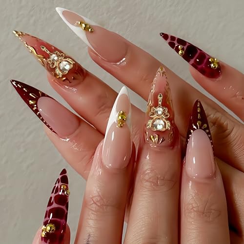 Almond Press on Nails Long Fake Nails French Red Artificial Nail ...