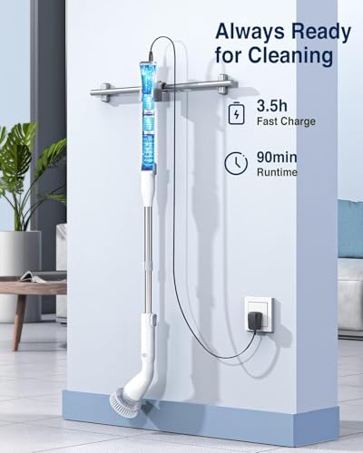LABIGO Electric Spin Scrubber LA1 Pro, Cordless Spin Scrubber with 4 Brush Heads and Adjustable Extension Handle, Power Cleaning Brush for Bathroom