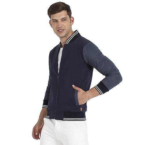 Image of Campus Sutra Men's Navy Blue Zip-Front Jacket With Contrast Striped Hem For Casual Wear | Low-High Neck | Long Sleeve | Zipper Closure | Cotton Jacket Crafted With Comfort Fit For Regular Wear