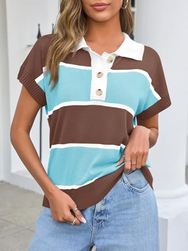 Image of Saodimallsu Women's V Neck Button Down Striped Short Sleeve Knit Sweater