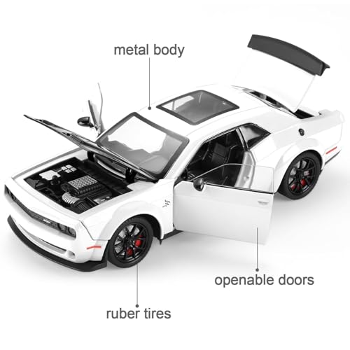 Image of WORSHIPER 1:24 Dodge Challenger SRT Exclusive Alloy Metal Pull Back Die-cast Car Model with Sound Light Mini Auto Toy for Kids for Toy Car with Sound and Light (1:24 Dodge Challenger - White)