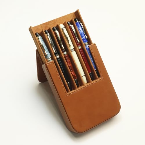 Image of 6Slots Leather Fountain Pen Case Collector Organizer - Handmade Pen Case Vintage Crazy Horse Print Leather Pen Protective Sleeve Cover Pen Storage Gift Box (6slot-Yellow)