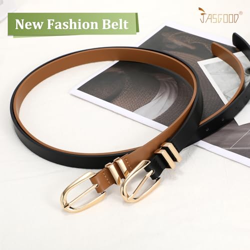 JASGOOD 2 Pack Women Skinny PU Leather Belt Ladies Thin Leather Plus Size Waist Belt for Jeans Dress with Gold Buckle3