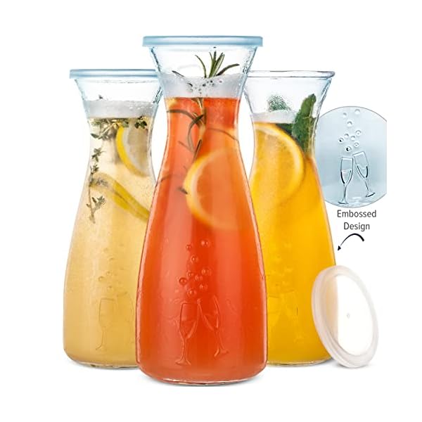 PRESTIGE Mimosa Bar Glass Carafe With Lids - 27oz Glass Mimosa Pitcher w/Plastic Carafe Lid, Wine Carafes & Pitchers, Juice Jar Containers, Juice Jug Set, Brunch Drink Pitchers for Parties (Carafes)