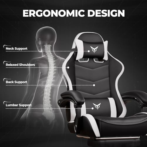 Image of GTPLAYER Gaming Chair High Back Computer Chairs with Foot Rest for Adults, Ergonomic Height Adjustable Recliner Chair 300lbs with Linkage Armrest and Lumbar Support for Home Office, White