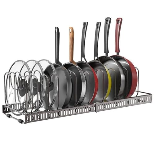 SKY-TOUCH Pot and Pan Organizers Rack : Expandable Pot Lid Organizer Holder with 10 Adjustable Compartment Cookware Plate Rack for Kitchen Cabinet Black