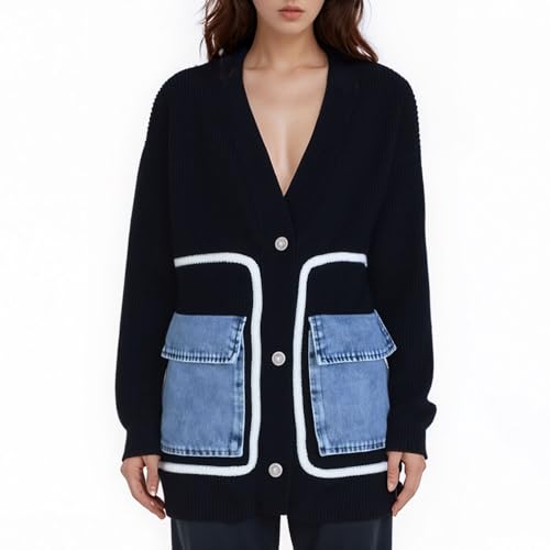 Image of FindThy Women's Casual Button Up Cardigan Oversized Long Sleeve Jean Patchwork Sweater Cardigans
