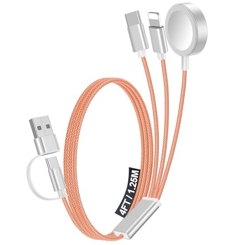 1Pack Multi Charging Cable Cord for Travel Essentials,Apple Watch Charger,iPhone Charger,[3-in-2] Type C/Lightning Cable Portable Designed for iWatch,iPhone 17-8,Galaxy S26-21,AirPods,iPad-4FT Orange