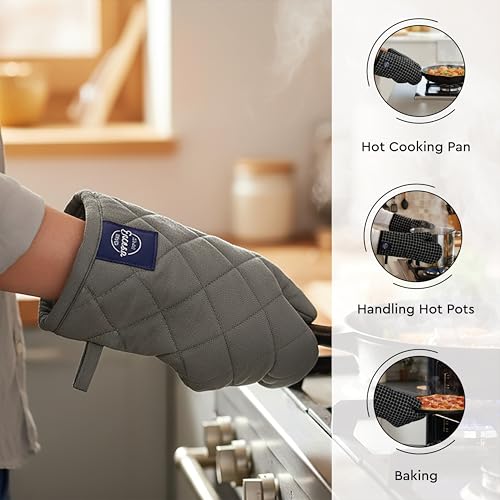 Image of Encasa XO 100% Cotton Apron Set for Women & Men with Adjustable Apron, Oven Gloves & Pot Holder (Pack of 3) Combo, Heat-Resistant, Soft & Durable for Cooking, Baking & Grilling (Grey)