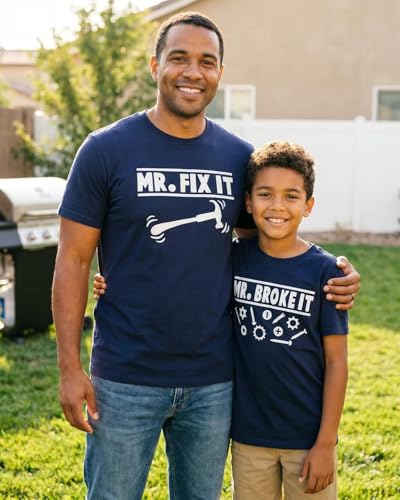 Image of Mr Fix It and Mr Broke It Daddy and Me Matching Father's Day Shirts Set Blue