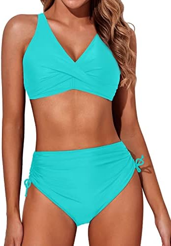 Aqua Eve Women High Waisted Bikini Twist Front Swimsuits Lace up Bikini Tops Ruched Push up 2 Piece Bathing Suits Mint Green XXL