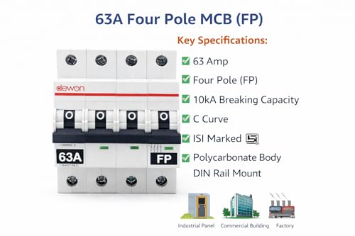 Image of Dewon Electric 63A Four Pole MCB | 10kA Breaking Capacity | C Curve | ISI Marked | DIN Rail Mount | Miniature Circuit Breaker