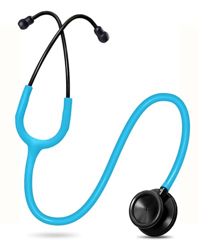 Image of FriCARE Dual Head Stethoscope - Stethoscopes for Nurses, Medical Nursing Students, Paramedics /EMT /LVN /VNA Backup Estetoscopio, Sky Blue Tube, Matte Black Finish Chestpiece