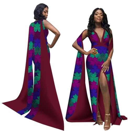 ABCWAX Vestidos femininos africanos com Hijab tradicional Ankara Kent impresso patchwork vestido par