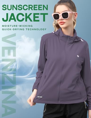 Image of Venzina UPF 150+ Sunscreen Jacket for Women, Stylish Sun Protection Jackets for Women, Cool Feel Quick Dry Sun Hoodie, Modern Fit with Removable Hat & Zip Pocket, for Driving, Camping