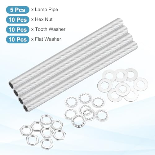 Image of MECCANIXITY 35Pcs 7.1 inch Lamp Pipe Nipples Kit with Hex Nuts Washers, M10 Fine Threaded Hollow Tube Repair Hardware Fasteners Assortment for Assembly Chandelier Ceiling Lamp DIY, Silver