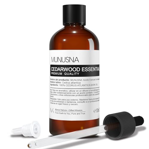 Aceite Esencial Cedro 100ML, MUNUSNA Aceites Esenciales para Humidificador Difusor, Aceite de Cedro Natural Puro para Reparar Cabello, Jabón, Velas, Masaje, Cedarwood Oil