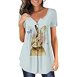 Ostern Print Shirt V-Ausschnitt Knopf Kurzarm Bluse T-Shirt Tops Ohrringe