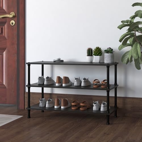 Image of TABLE MAGIC Jazz Shoe Rack Wooden Organizer | 3-Tier Multipurpose Shoes Stand for Home Wooden Shelves with & Steel Frame, Space-Saving Home Organizer, D30 x W60 x H46cm - Wenge