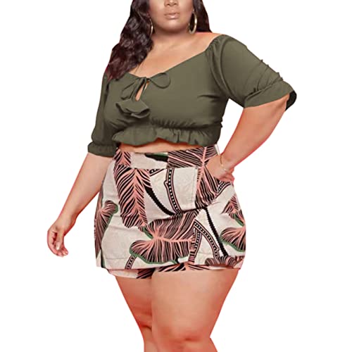 Image of Women Plus Size Skirt Two Piece Outfit Short Sleeve Off The Shoulder Crop Top shorts Dress Suit Set