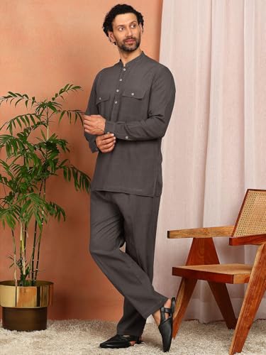 Image of See Designs Men's Full Sleeve Mandarin Collar Linen Solid Pathani Set