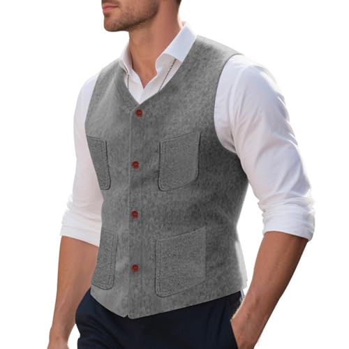 Mens Vintage Tweed Wool Suit Vest V Neck Casual Waistcoat with 4 Pockets Formal Tuxedo Vests for Wedding Groomsmen4