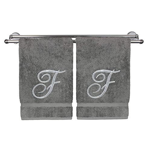 Monogrammed Hand Towel, Personalized Gift, 16 X 30 Inches - Set Of 2 - Silver Embroidered Towel - Extra Absorbent 100% Turkish Cotton- Soft Terry Finish - For Bathroom, Kitchen And Spa- Script F Gray #TOP11