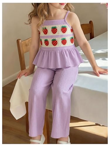 Image of WDIRARA Girl's 2 Piece Outfits Boho Floral Crochet Ruffled Sleeveless Cami Top and Wide Leg Pants