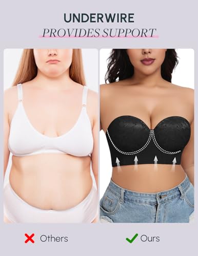 Image of FallSweet Longline Strapless Bra for Large Bust C-DD, Anti-Slip Back Smoothing Convertible Lace Corset for Wedding Party